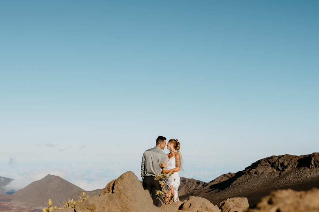 A couple embraces in Haleakala National Park after saying their wedding vows