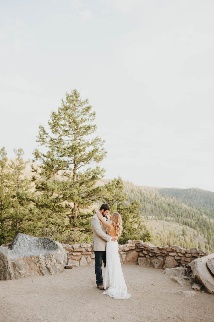 Newlyweds share a first dance near Keystone, Colorado. 