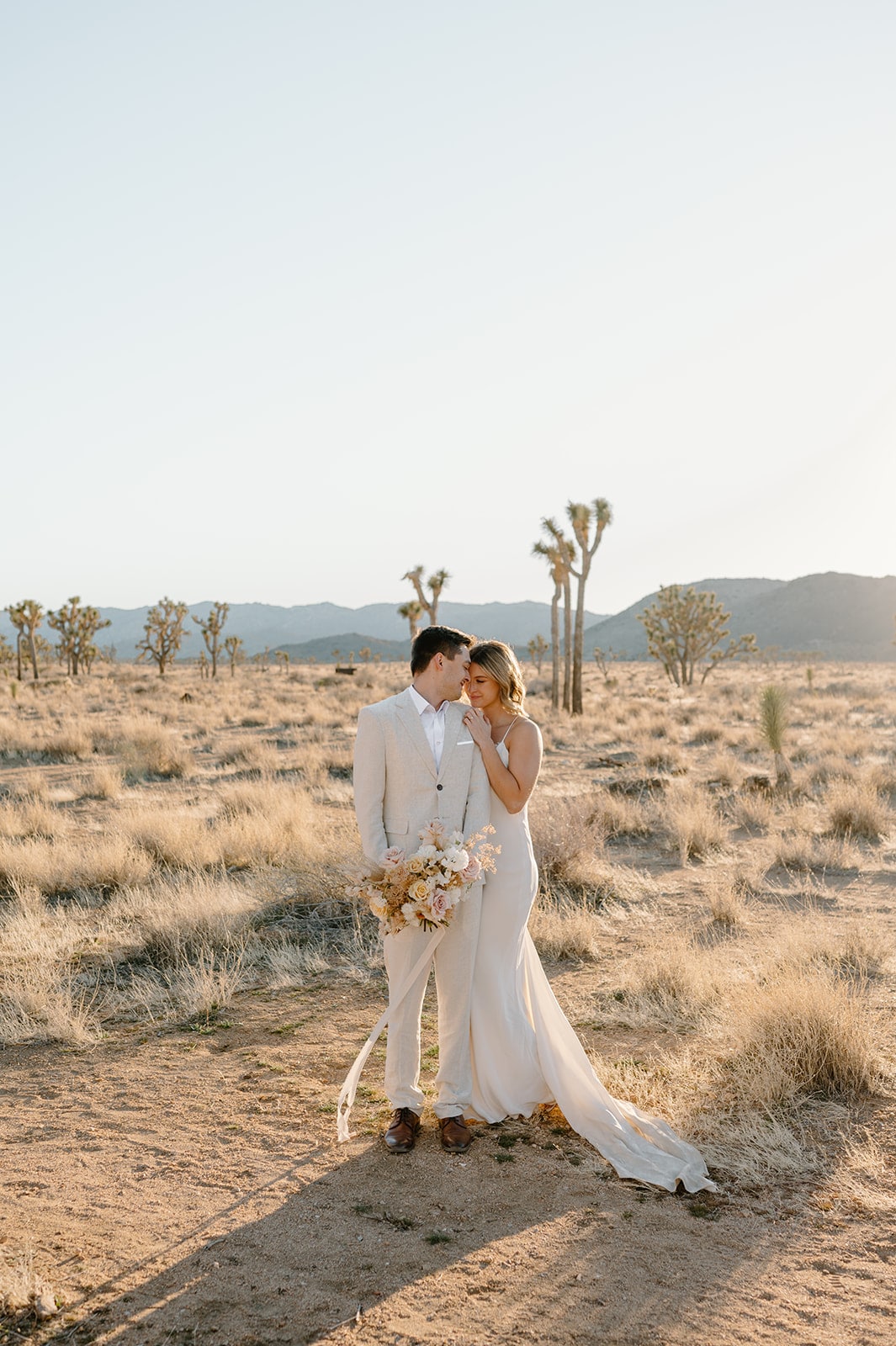 A couple in wedding attire are seen in Joshua Tree National park practicing leave no trace principles