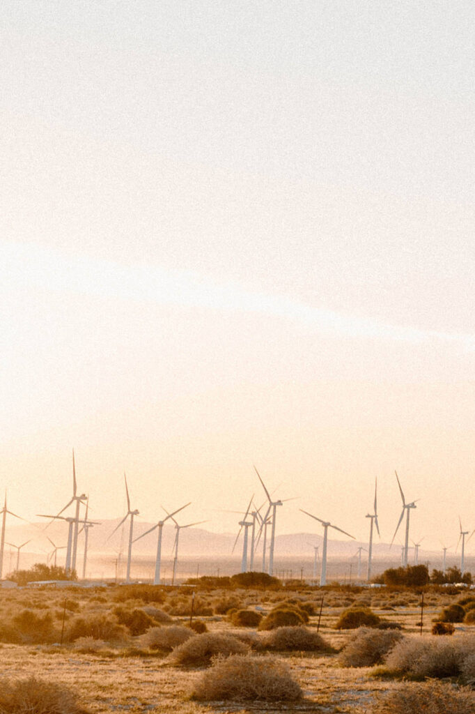 A windmill field near Palm Springs at Sunset