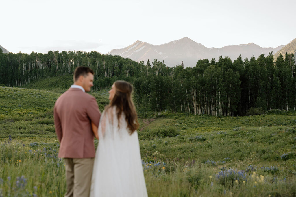 A man and woman walk hand and hand through a Crested Butte meadow.