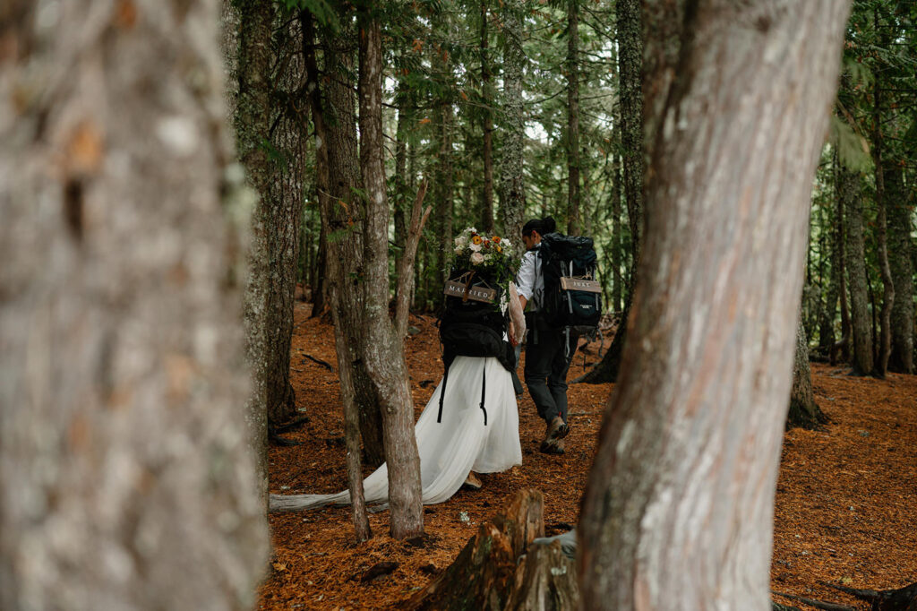 A couple wearing hiking backpacks is walking through the trees near Trillium Lake.