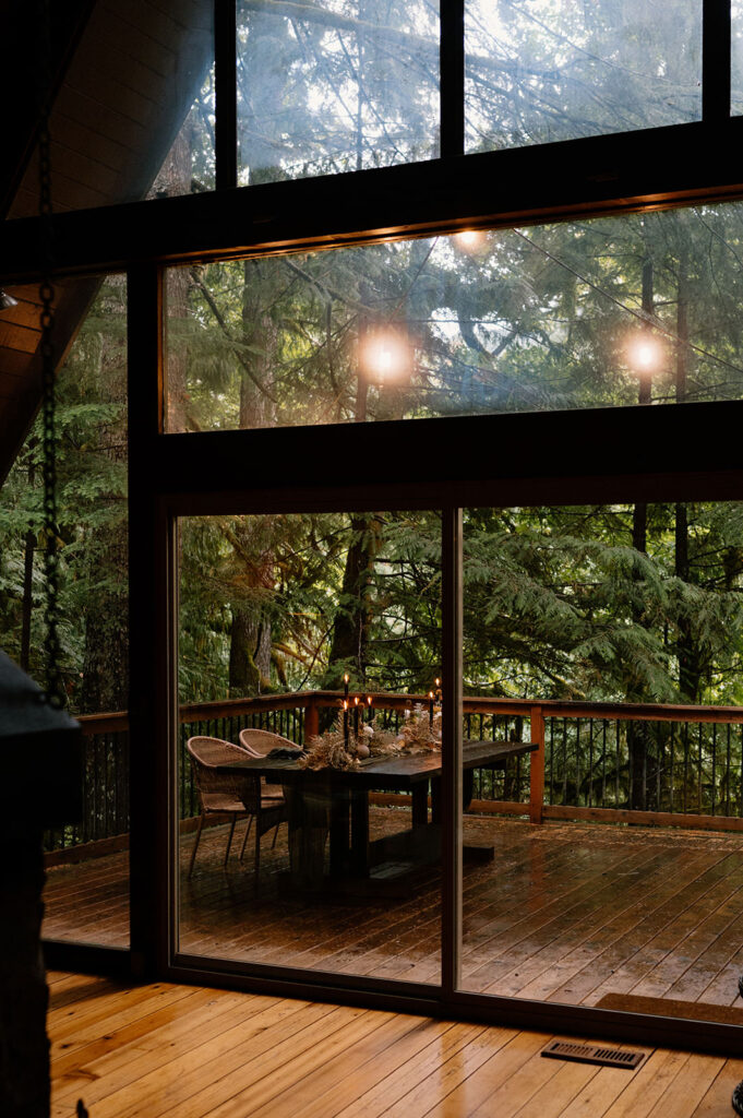 A-frame cabin view.