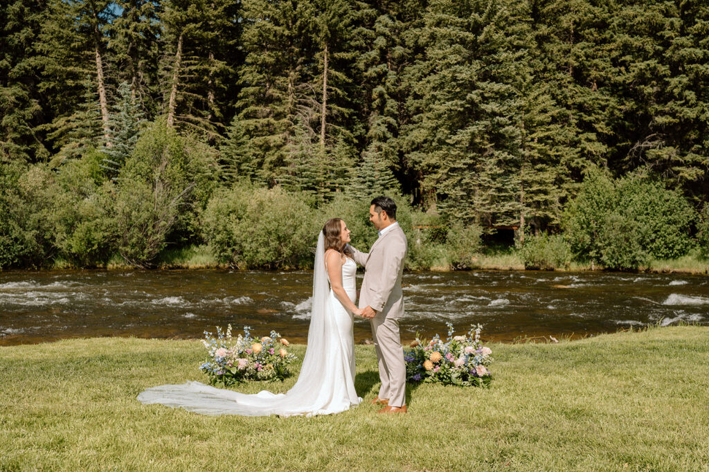 A bride and groom celebrate a vow ceremony at Harmels On The Taylor in Crested Butte. 